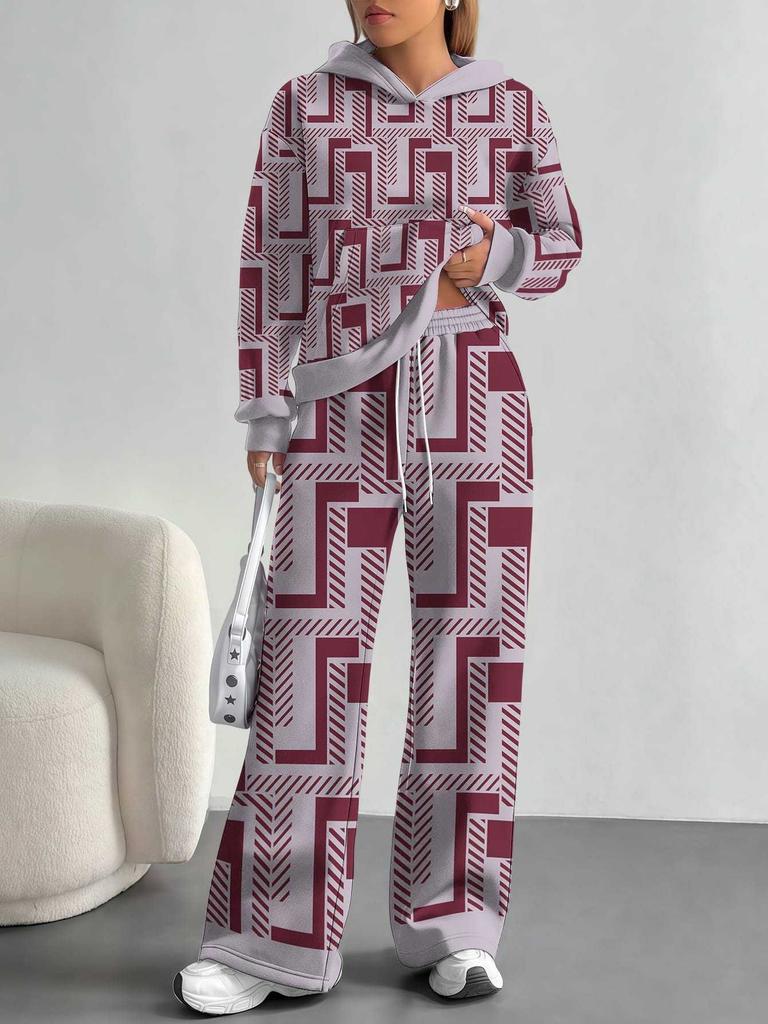 Square Splicing European, American Autumn and Winter Casual Long-sleeved Suit Women's Hooded Sweater Trousers Two-piece Set
