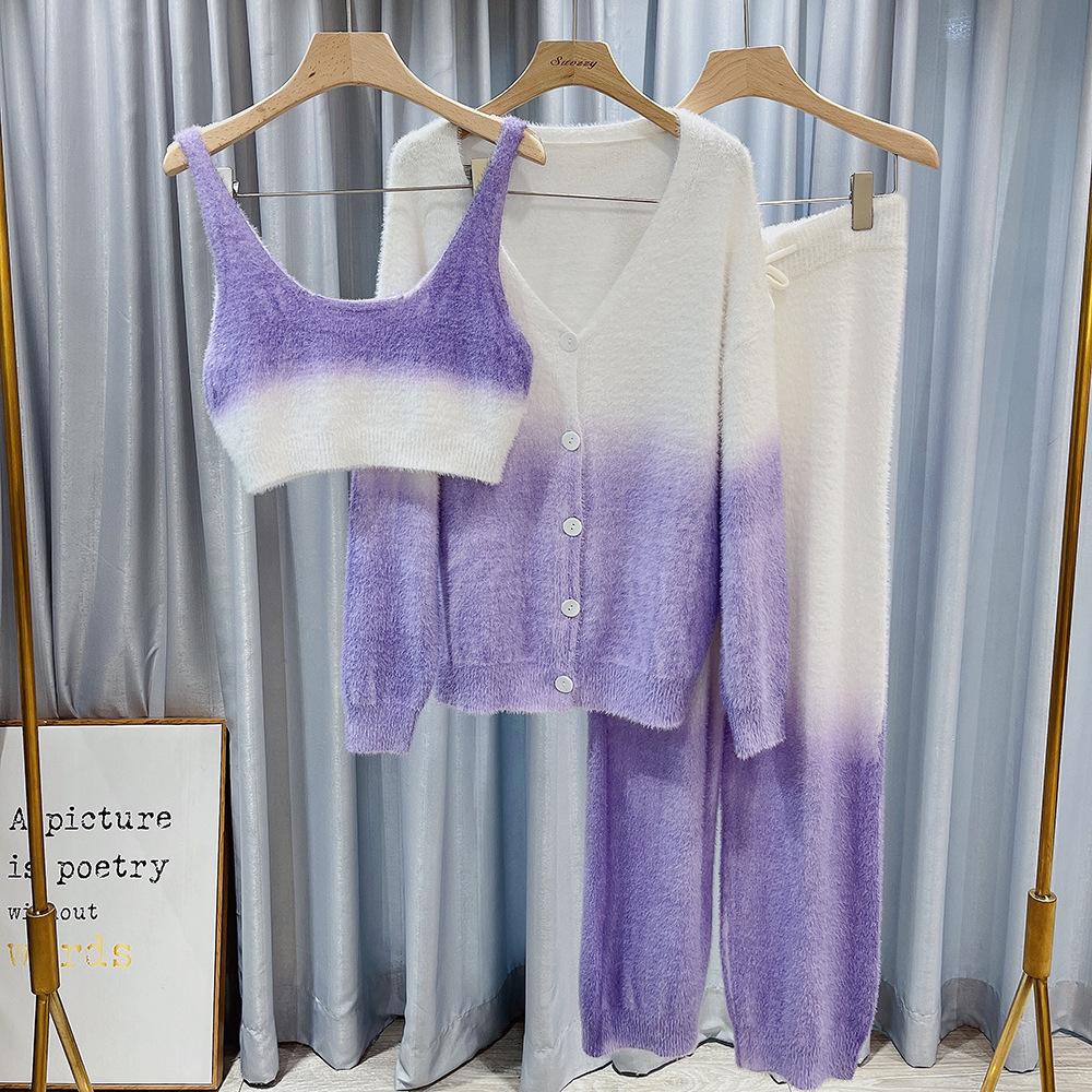 

Winter Latest Half Side Velvet Three-piece Suspender Pajamas Pants Thickened Style Home Wear Pajamas for Women One Size фіолетовий