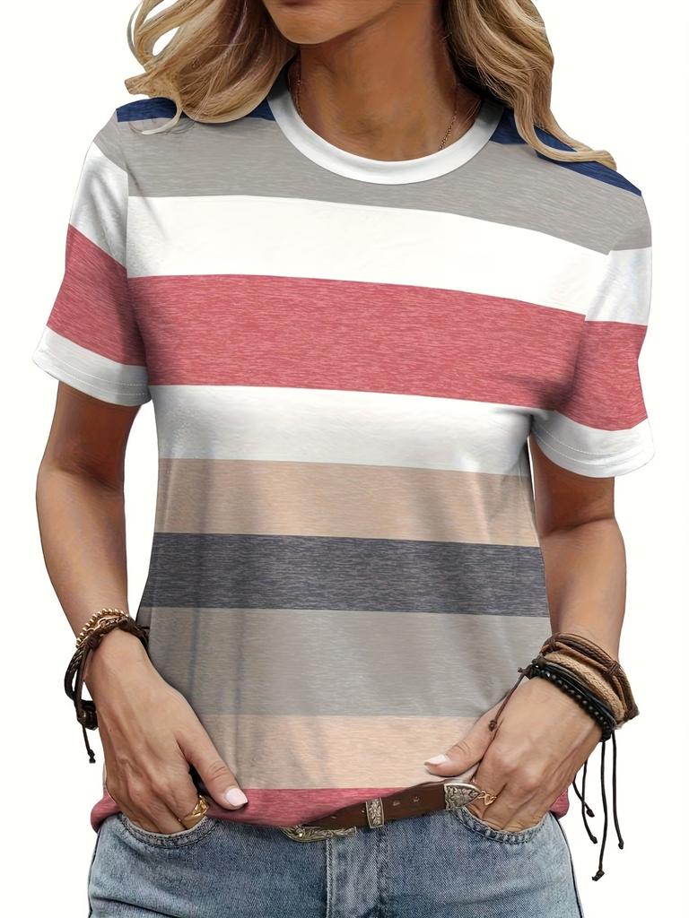 Rainbow Striped Women T Shirt Oversized Clothes Trend Casual Short Sleeve Crew Neck T Shirts Summer Lady Tees Daily Soft Wear