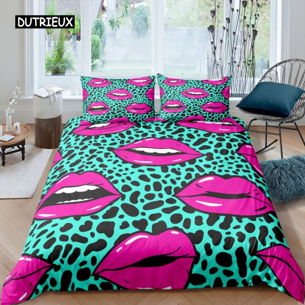 Lip Duvet Cover Pink and Gray Lips Kissing Pattern Comforter Cover Sexy Theme King Size Twin Bedding Set for Women Girls Lovers