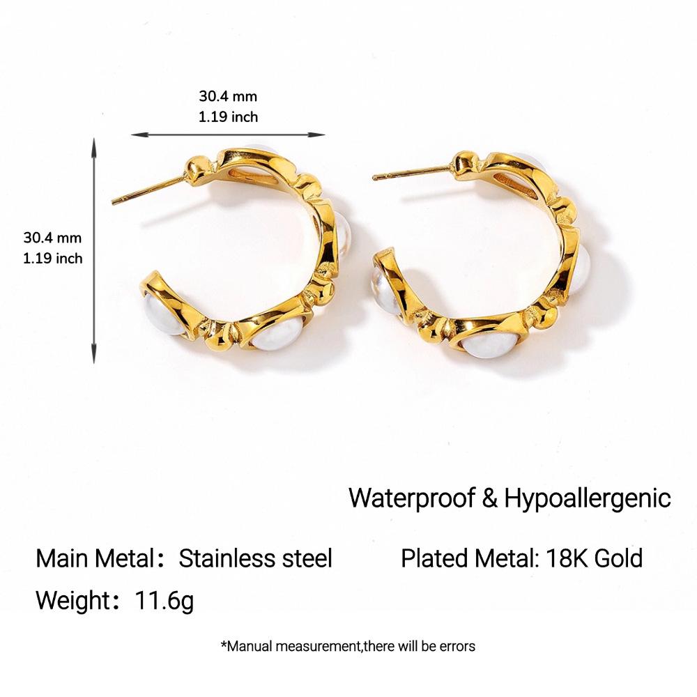Ying Tai Stainless Titanium Steel Large C-Shaped Faux Pearl Earrings, High-Polish Vacuum Plated 18K Gold, Fade-Resistant