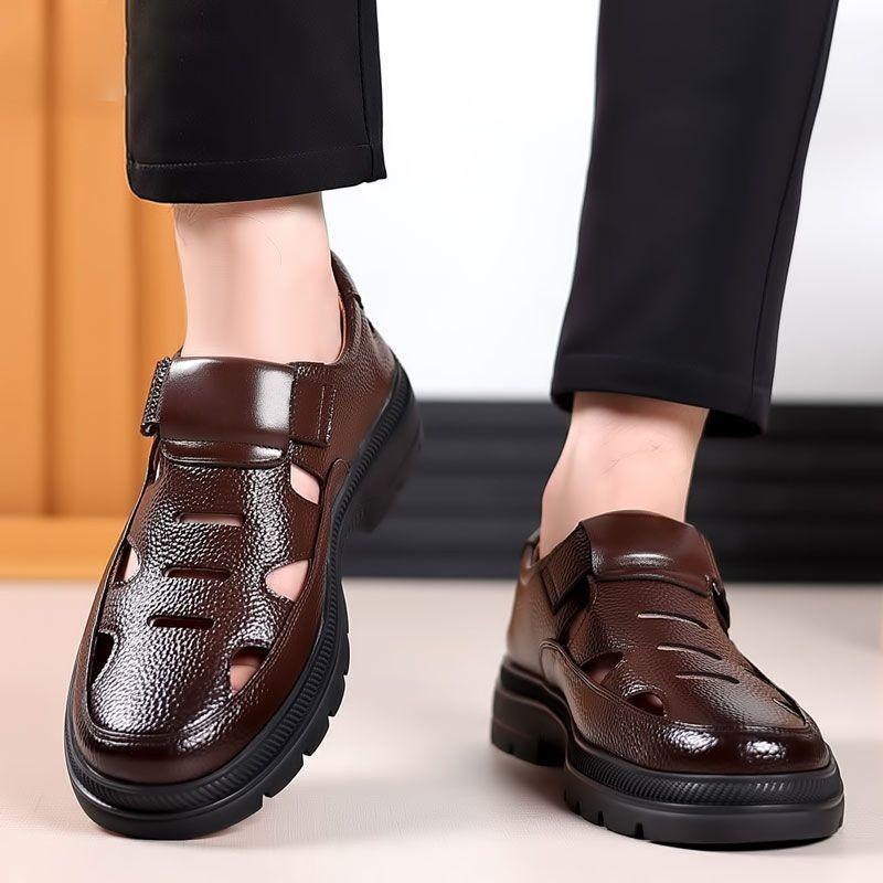 Leather Cowhide Men's Shoes Leather Shoes Summer Hollow Leather Shoes Non-slip Wear-resistant Hole Sandals Men