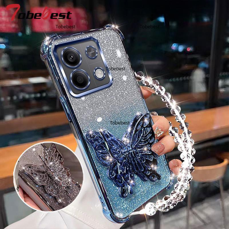 Shockproof Glitter Plating Case for Xiaomi Redmi Note 13 Pro Plus 13C 4G 5G 3D Butterfly Phone Holder Bead bracelet Back Cover