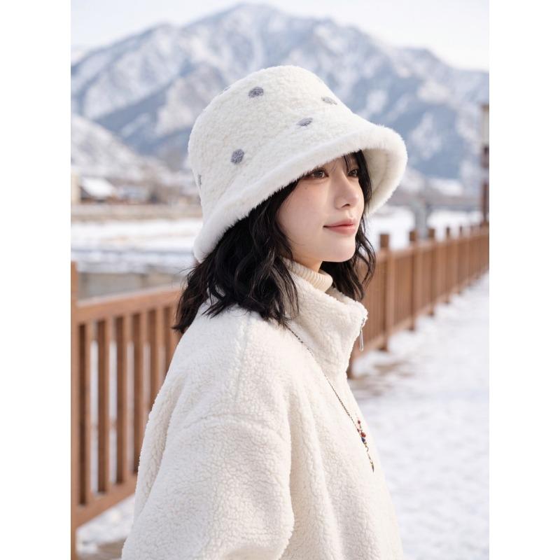 Women S Warm Fleece Knit Bucket Hat Polka Dot Korean Style Fashionable Hat