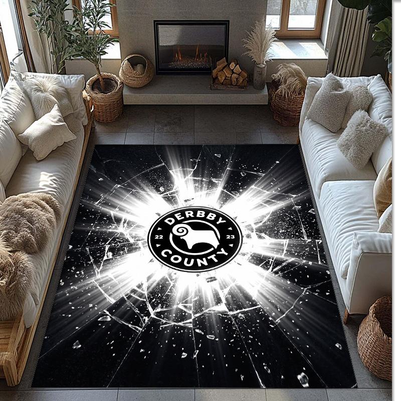 Derby County Football Print Crystal Velvet Rug, Comfortable Water Absorbent Non Slip Indoor Floor Carpet