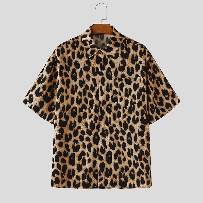 INCERUN Oversized Men's Short Sleeve Lapel Collar Button Up Leopard Print Shirts Tops