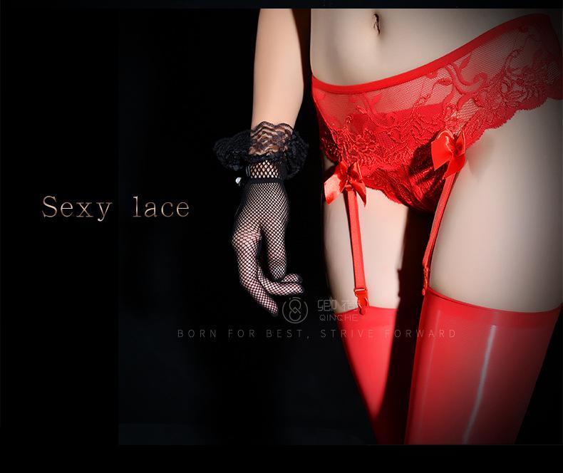 Qinghe Black Lace Garter Stockings Set - Ultra-Thin & Shiny Mid-Tube Silk Socks in Red