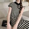Summer Slimming Striped Knit Dress - Chinese National Style, Short Sleeve, Tummy Covering, H-Line Design, Mid-Length for Women