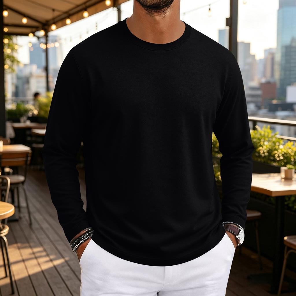 T-shirt da uomo a maniche lunghe con scollo morbido per uso casual quotidiano