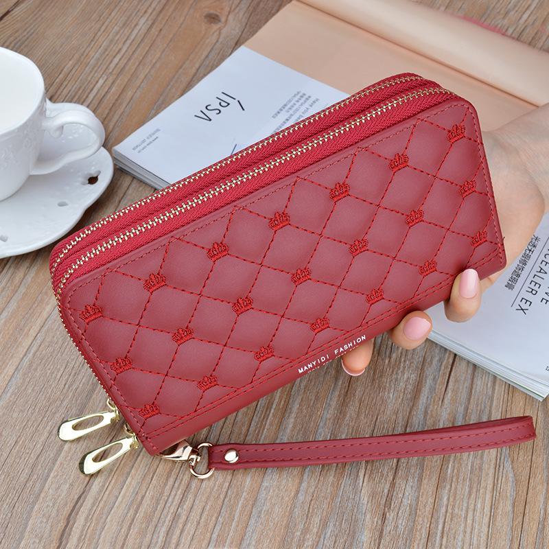 Damen Lange Leder-Clutch-Geldbörse mit Doppelreißverschluss | Diamantmuster-Stickerei, Kronendesign, Großes Fassungsvermögen himbeere
