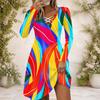 Women Criss Cross V Neck Long Sleeve Blue White Printed Fitted Curved Hem Dress