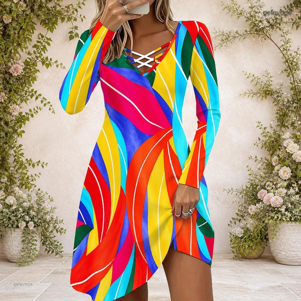 Women Criss Cross V Neck Long Sleeve Blue White Printed Fitted Curved Hem Dress