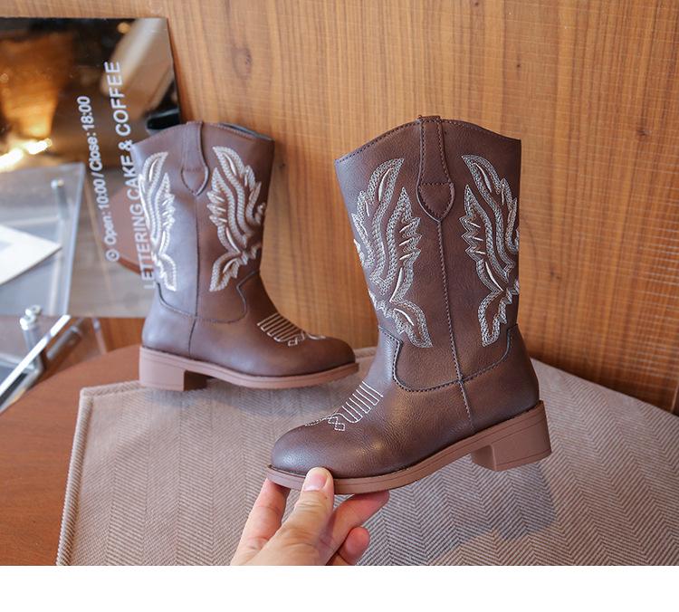 Girls' Embroidered Western Mongolian High-Top Leather Boots - Autumn/Winter 2026, Plus Velvet, Princess Performance Footwear