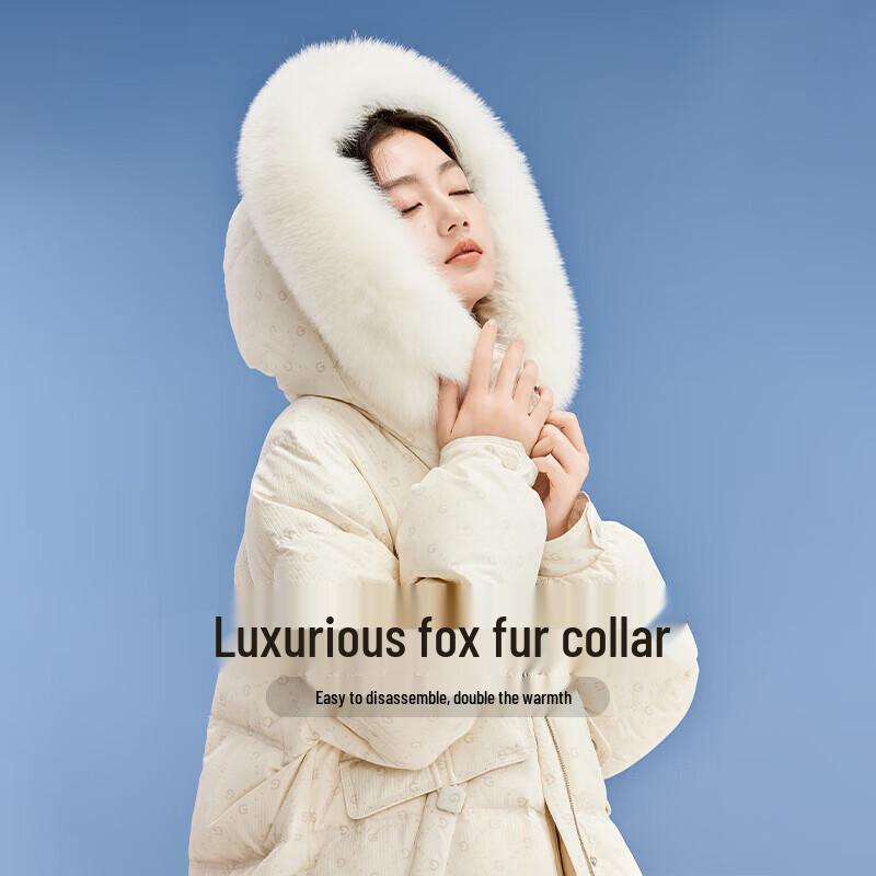 Xiangying Women's Beige Mid-Length Down Jacket with Large Fur Collar