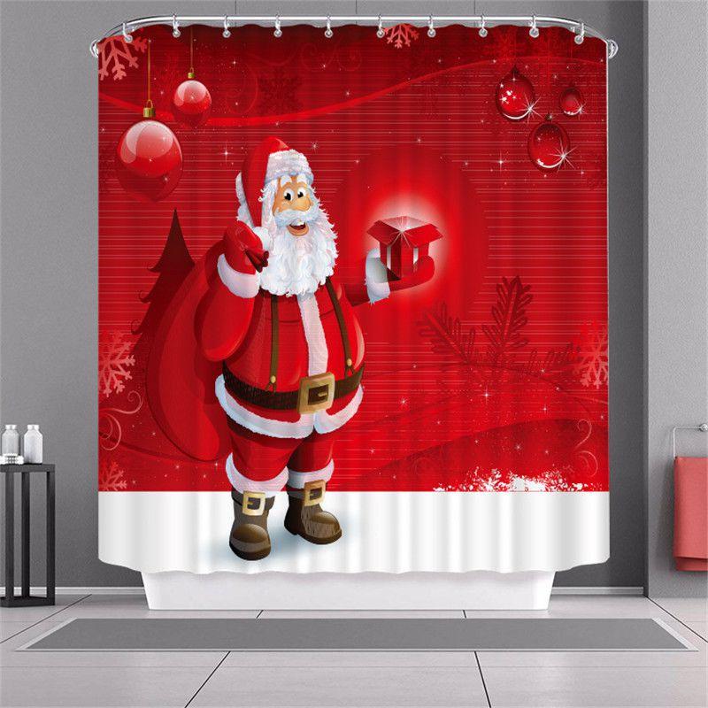 Curtain Shower Christmas With Hook Waterproof Fabric Bathroom Santa Xmas Claus