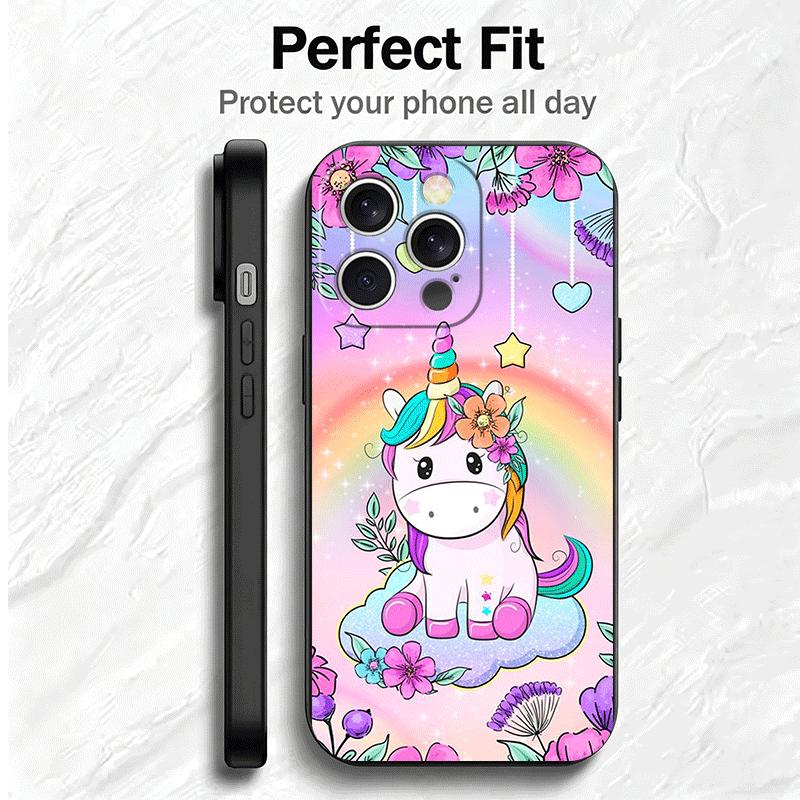 Pink Unicorn Rainbow Soft Phone Case for iPhone 16 16E 17 Air 15 Pro Max 14 Plus 13 Mini 11 12 7 Black Cover Back Shell