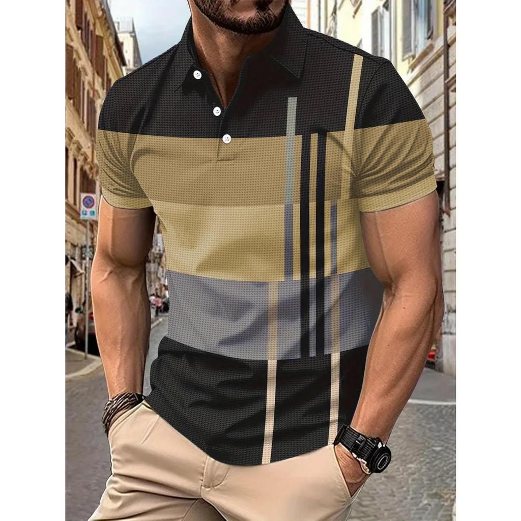 Summer Men's Daily Casual Stripe Printed Lapel Short Sleeve Polo Shirt Top