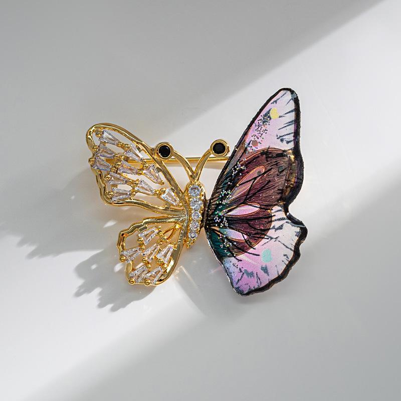 Color Gradient Crystal Butterfly Brooch with Feather Design