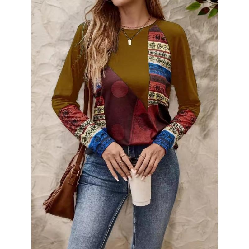 Autumn Women's T-Shirt Casual Long Sleeve Stripe Pattern Print Street O Neck Female Oversized Clothing Outdoor Vintage T Shirts