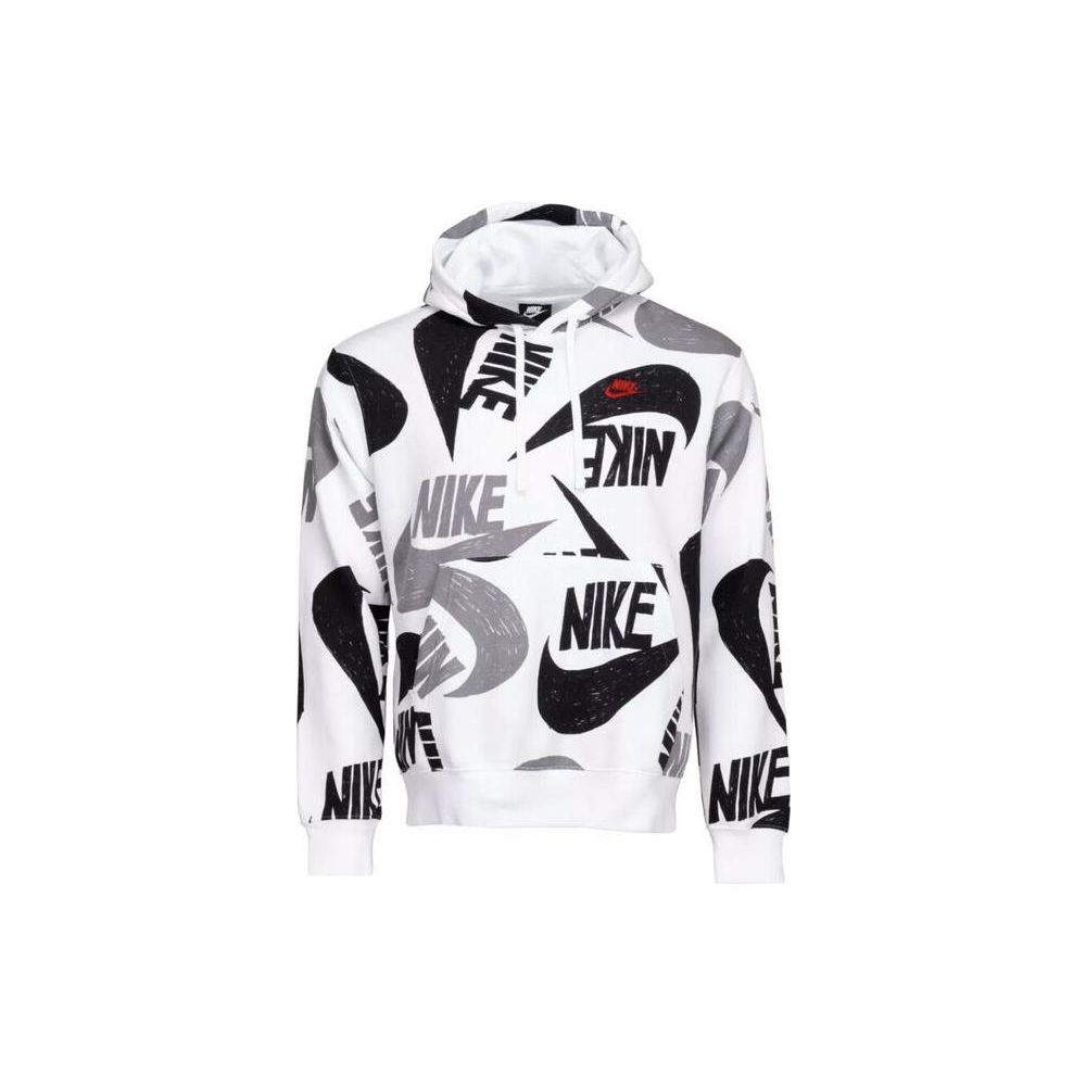 Nike Sportswear Club Allover Swoosh Pullover Hoodie Men Standard Fit White Black CJ6312-010 XL