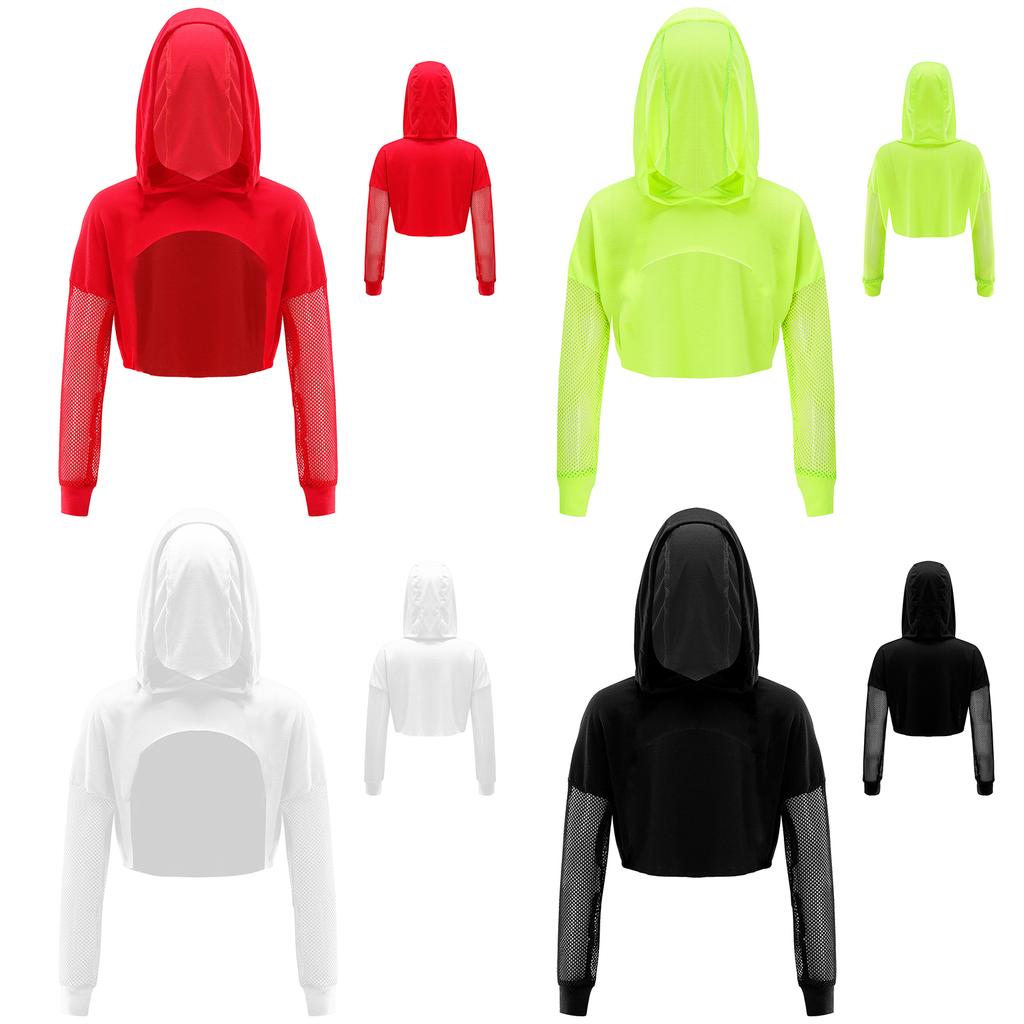 Kids Girls Long Sleeve Fishnet Cropped Hoodie Sheer Mesh Pullover Hooded Cover Up Dance Crop Top
