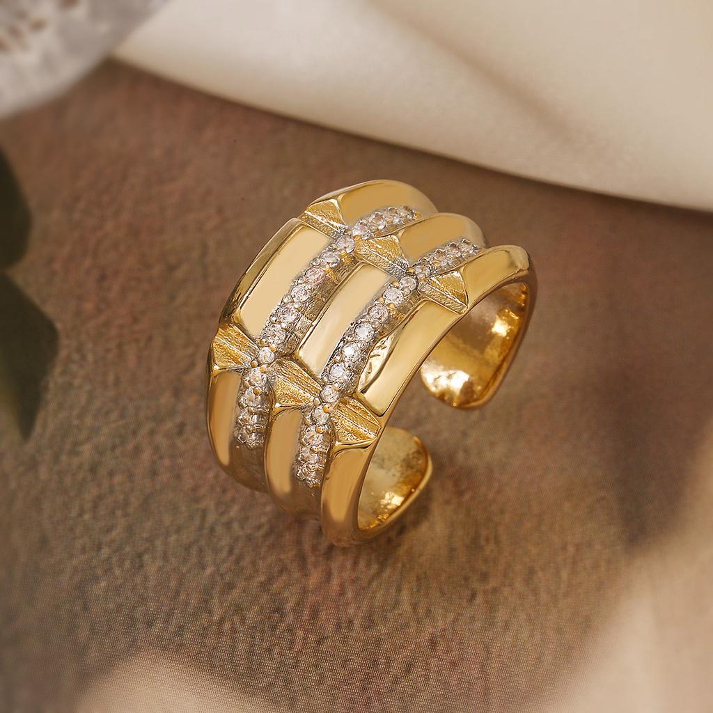 Two-Tone Geometric Open Cubic Zirconia Ring for Women, Adjustable Ins Fashion Jewelry, Minimalist Luxury Gift
