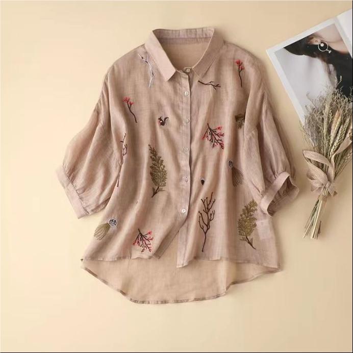 Summer Seven Point Cotton Linen Embroidered Shirt for Women Literary Loose Temperament Lapel Casual for Women