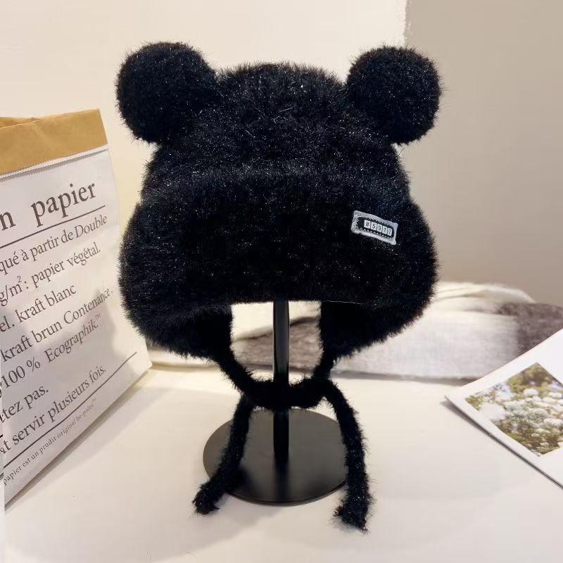 Winter Thick Strap Knitted Hat Women S Cute Bear Ear Plush Warm Protection Ear Woolen Cap чёрный