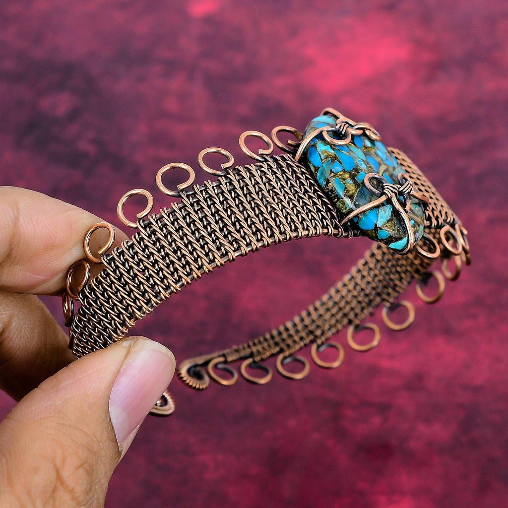 Copper Chrysocolla Gemstone Cuff Bracelet Copper Wire Wrapped Adjustable Bangle