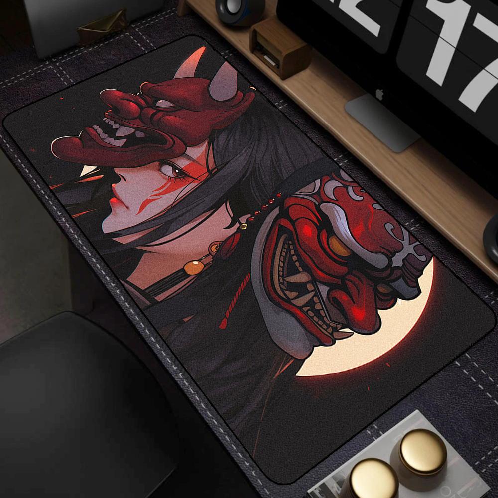 90x40cm Gaming Samurai Oni Mouse Pad Japan Mask Girl Deskmat Large Gamer Professional Premium Mousepad Speed Control Accessories