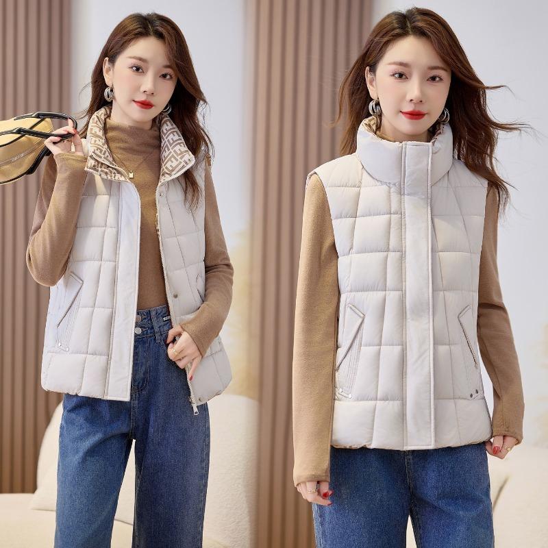 

Cotton vests on both sides, women s short winter cotton vest, stand collar, medium thermal vest, down cotton vest M белый