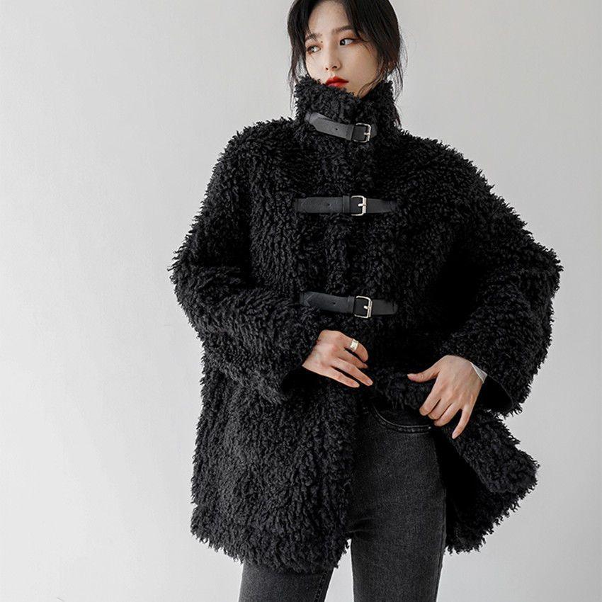 Black Lamb Wool Coat for Women's Autumn and Winter High-necked Temperament, Thin and Thickened Imitation Fur Long-haired Coat