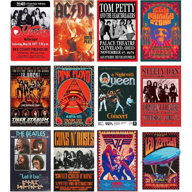Woonkit Vintage Rock Band Posters for Room Aesthetic, 70s 80s 90s Retro Music Room Wall Bedroom Decor Art, Vintage Rock Concert Poster Wall Collage,