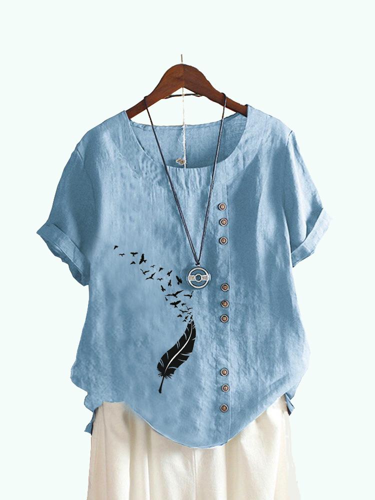 Women Fashion Round Collar Floral Print T-shirt Casual Short Sleeve Top Ladies Loose Blouses