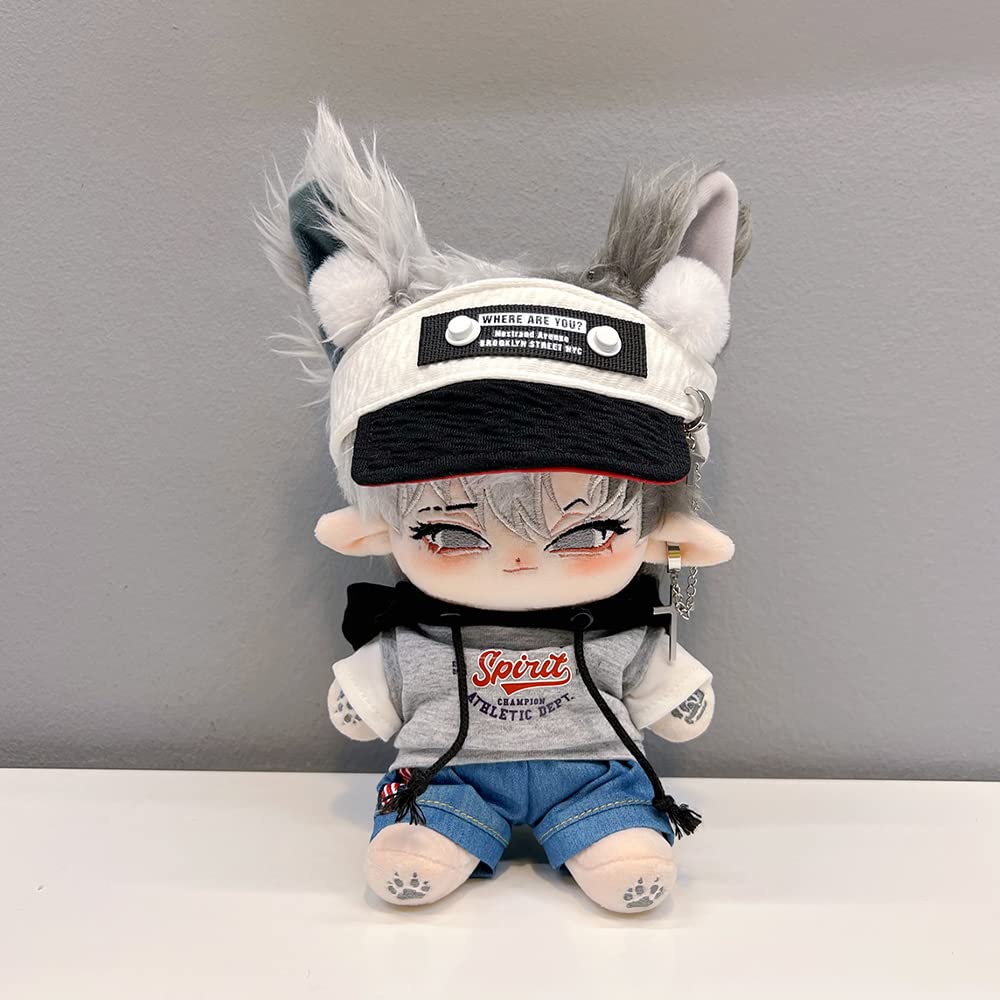 niannyyhouse 20cm Plush Doll with Loose Clothes, Empty Top Hat, Color Block Hoodie, Shorts, Ear Clip Accessories, Cotton Doll, Dress-Up (Grey)