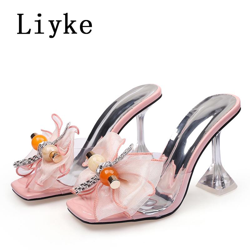

Fashion Liyke 2025 New Fashion 9CM Clear Heels Slippers Pink Net Yarn Bowknot Summer Sandals Transparent Shoes For Women Mules Slides 34 розовый