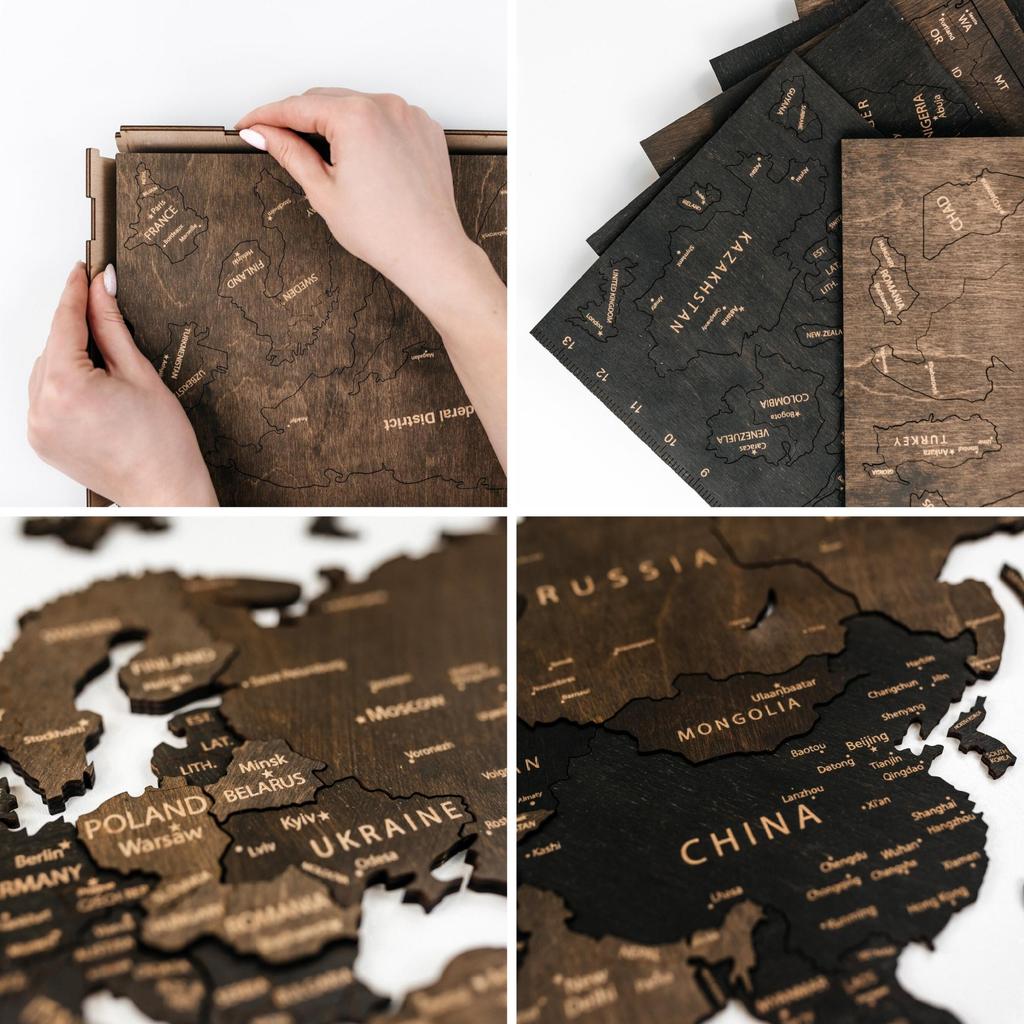 Wooden World Map 3D XXL Cities Dark Brown 181x100 cm Wall Puzzle