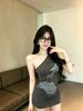 20G refined cotton Spice Girl sexy print slanted shoulder hip skirt women's dress summer fashion personality pleated skirt