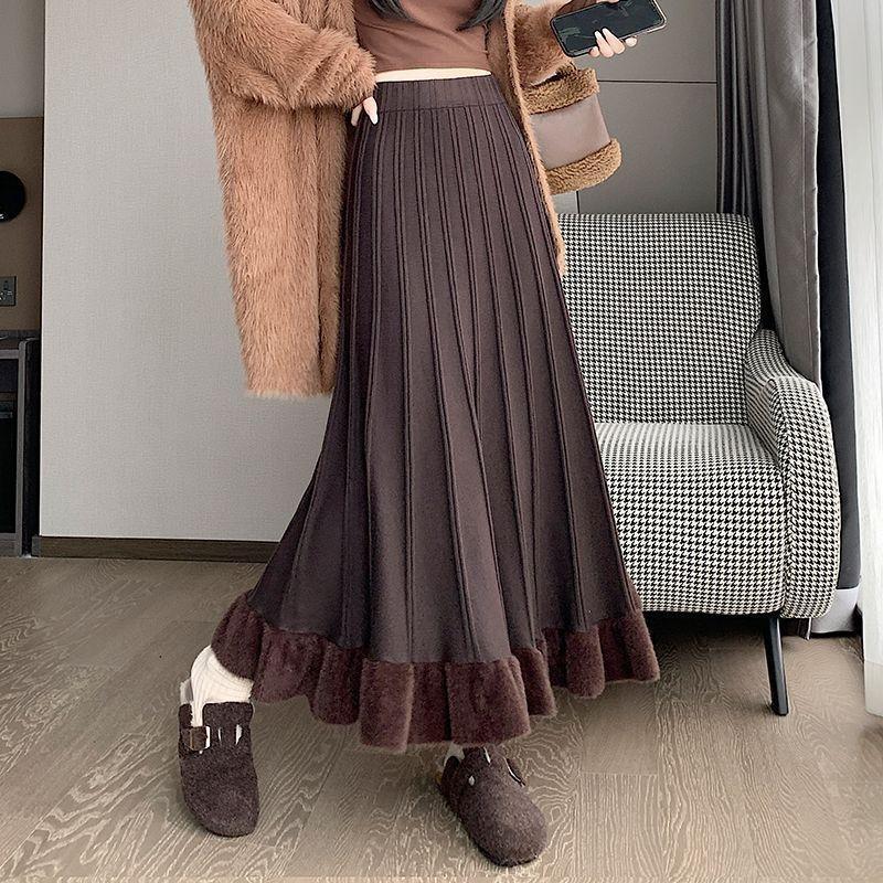 Autumn Winter Women's Knitted Pleated Skirt Long High-waist A-line Skirt