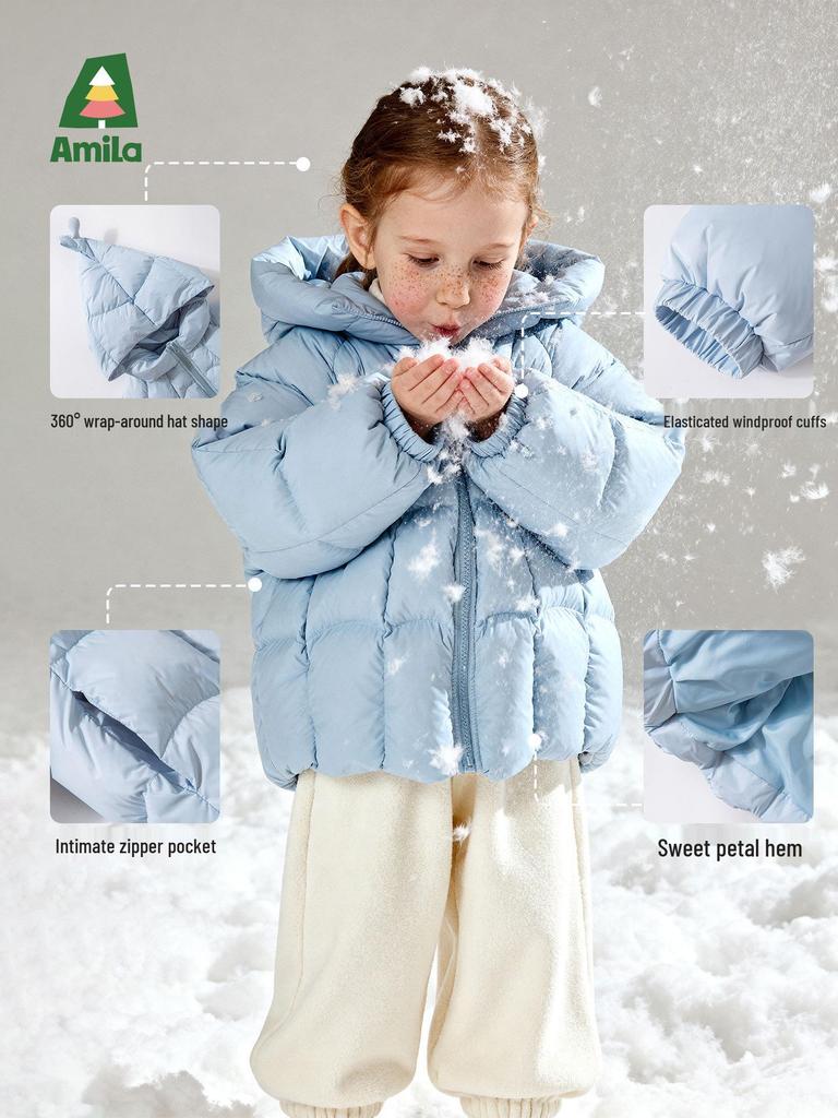 2025 Winter Girls' White Duck Down Jacket: Solid Color Hooded Casual Warm Coat