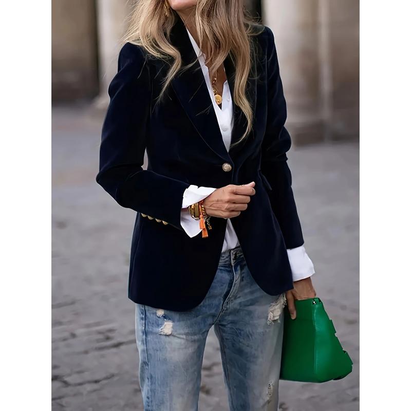 Women's Solid Color Velvet Notched Lapel Single‑Button Long Sleeve Slim Fit Blazer Jacket