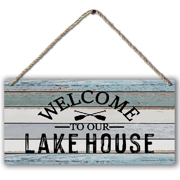 Welcome To Our Lake House Farmhouse Printed Wood Plaque Sign Wall Hanging,Rustic Hanging Wall Signs for Lake House Summer Home Decor 12 X 6 Inches