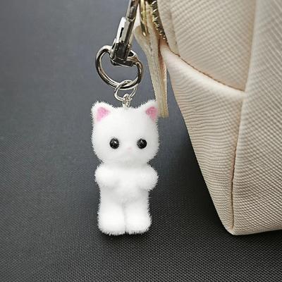 Cute Flocking Cat Keychain 3D Love Phone Pendant Headphone Case Charm Bag Decor Car Key Ring Jewelry Gift
