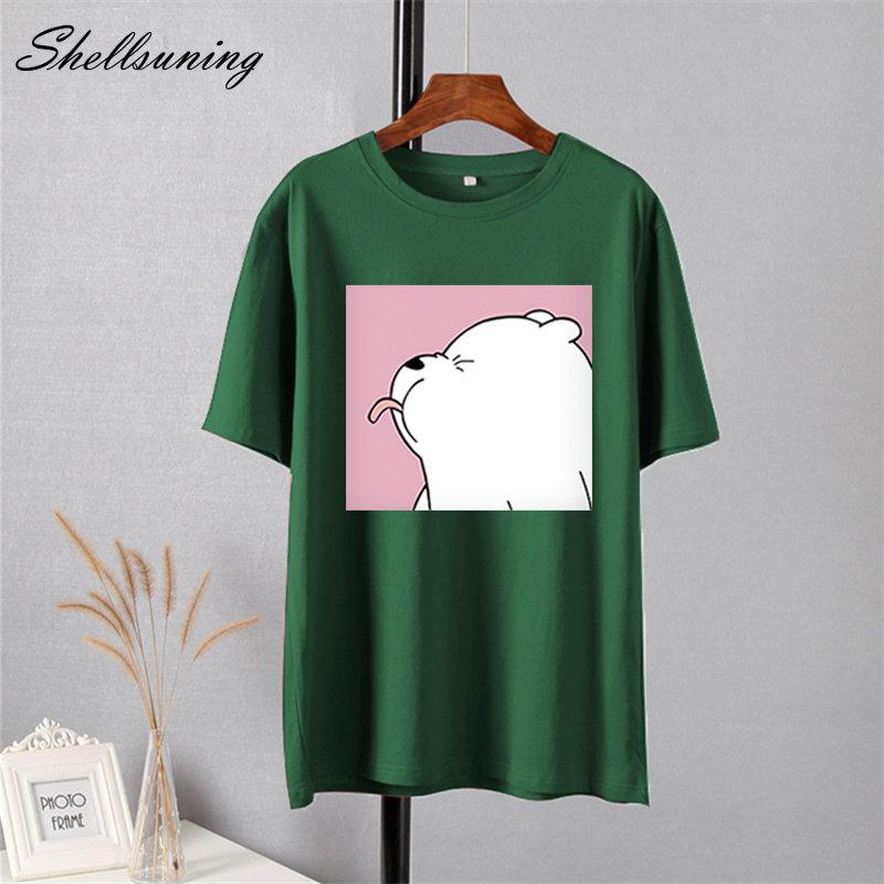 Shellsuning Summer Cute Printed Cotton T Shirt Women Loose Short Sleeve Trend Tees Female Casual Streetwear All-match Basic Tops