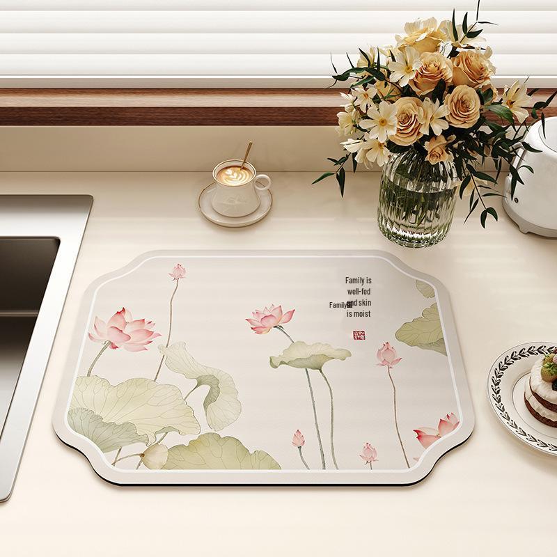 Chinese-Style Irregular Flower & Bird Diatom Mud Coffee Mat: Stain-Resistant, Easy-Clean, Non-Slip Kitchen Draining Mat