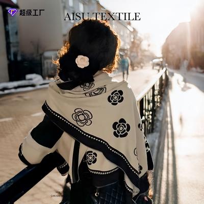 Autumn and Winter Old Money Wind Jacquard Scarf Women's Imitation Cashmere Scarf High-end Camellia Black and White Warm Shawl