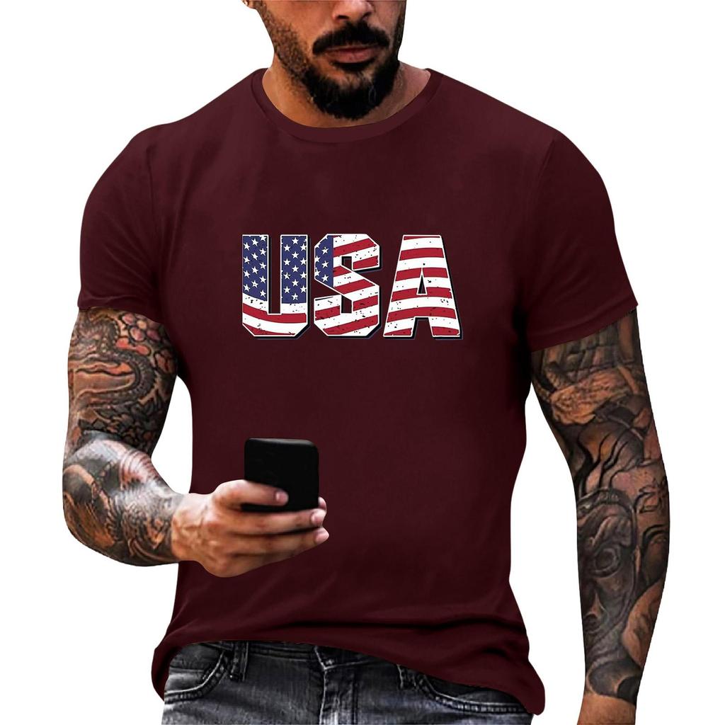 Men's Short Sleeve Loose Fit T Shirt with USA Flag Print Crew Neck Casual Summer Top for Daily Wear Holiday Events