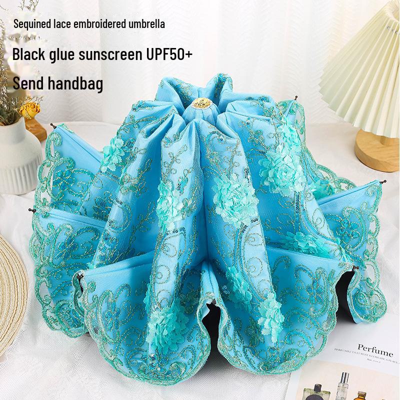 

Черный зонт с вышивкой в стиле ретро и защитой от УФ-излучения - двойного назначения для женщин