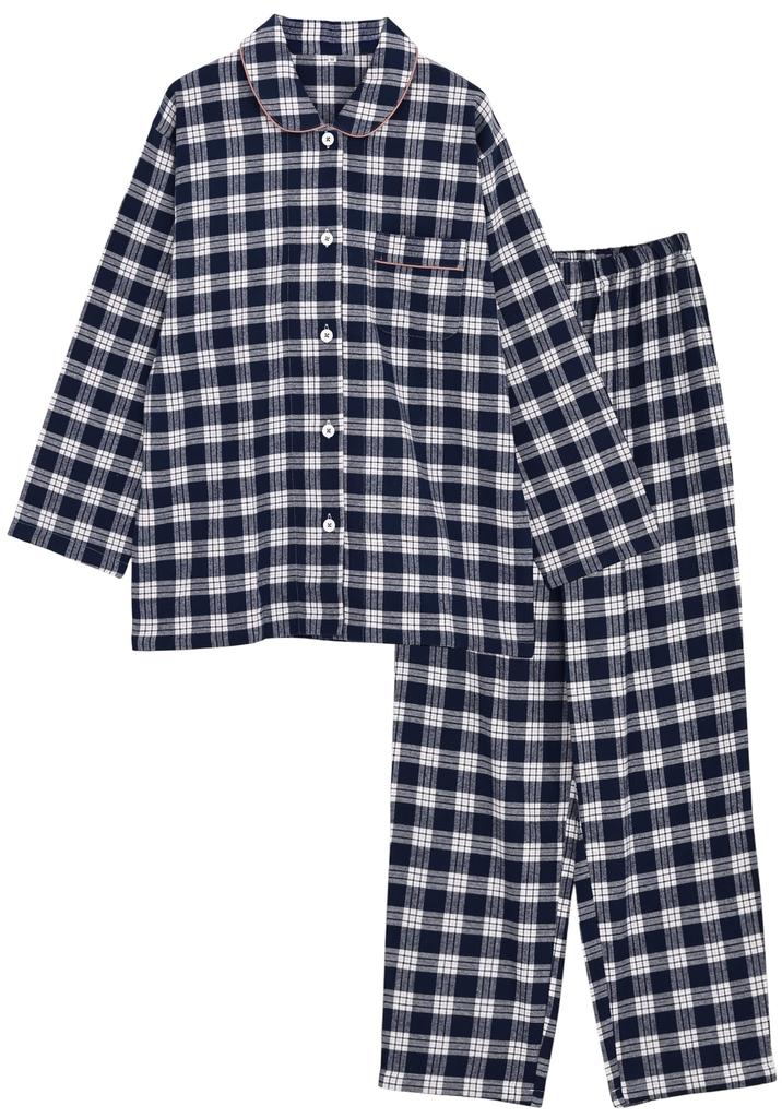 Kaituck Family Women's Flannel Shirt Pajamas, Long Sleeve, Check Pattern, Spring/Autumn (Size L, Navy)