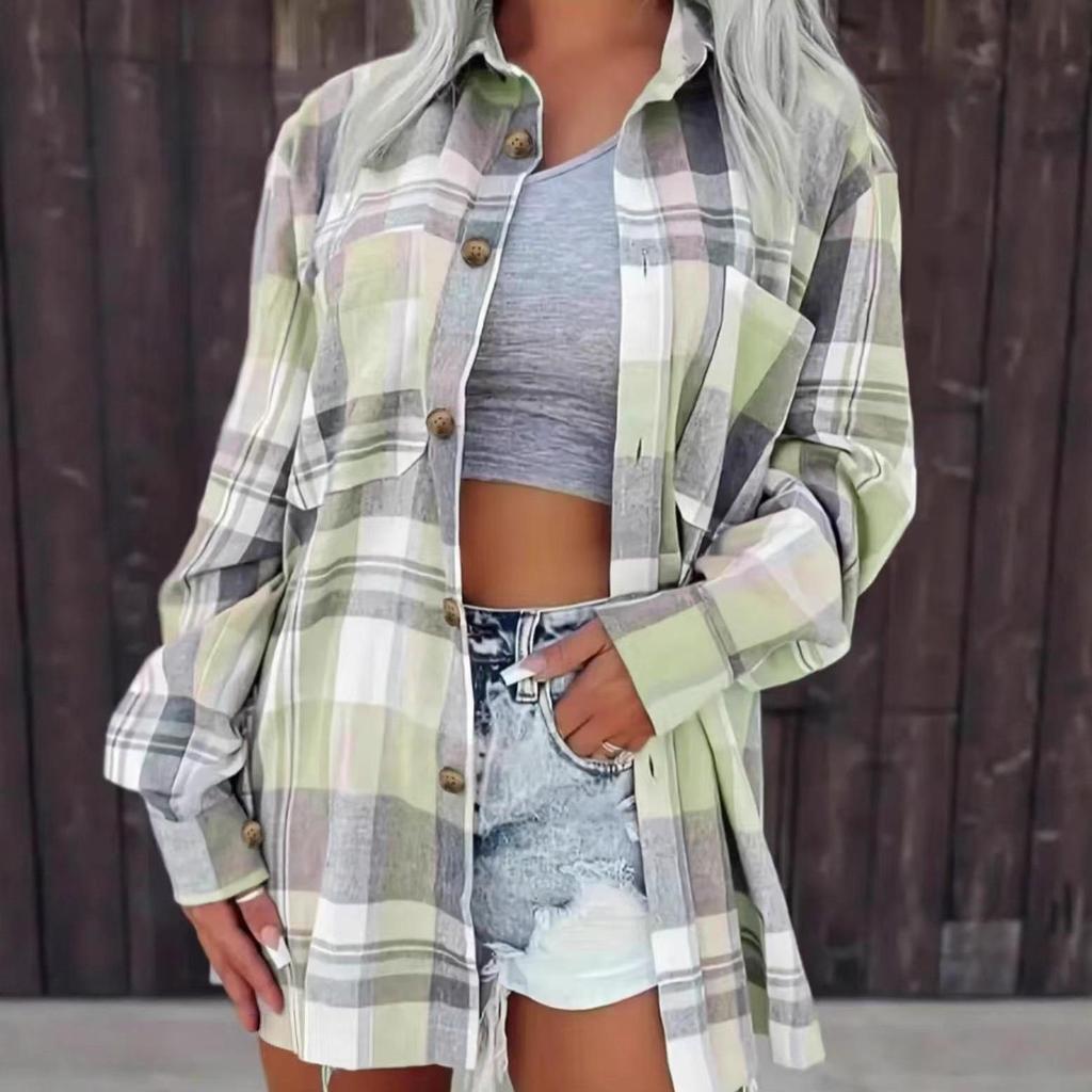 2025 Women's Cross-Border Plaid Shirt Jacket – Casual, Versatile Mid-Length Design